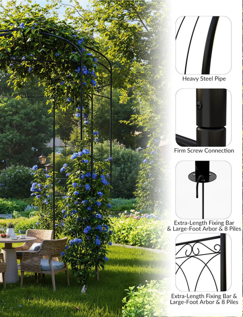 7 Ft Garden Arch with Gate, Classic Black Finish iron arbor, climbing roses, lawn patio, weather resistant, durable structure.