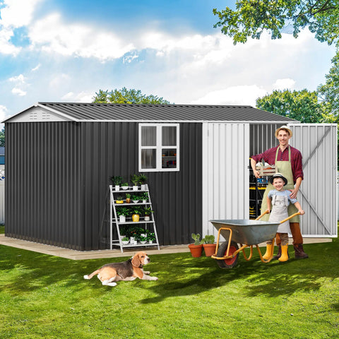 Large 12 By 8 Foot Outdoor Tool Shed With Window And Lockable Doors Sloped Roof Weatherproof Steel Garden Storage for lawn.