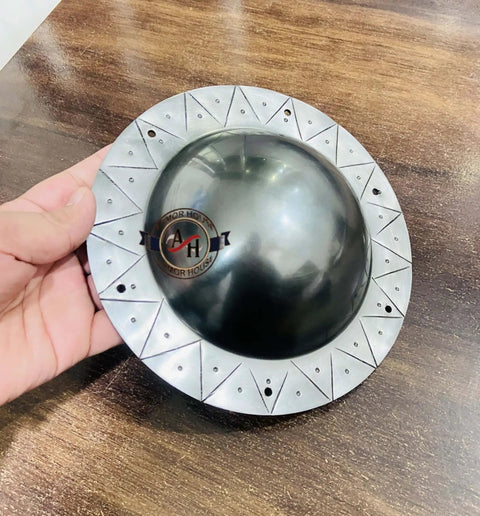 Hand holding Hand Forged Shield Boss For Shield Reconstruction Larp Umbo Medieval Viking Shield Boss 16 Gauge Mild Steel Mount