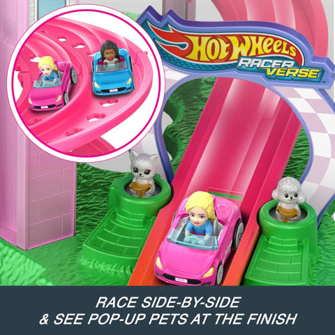 RacerVerse Barbie Spiral Track Set With Barbie Malibu And Barbie Brooklyn Cars on pink track, pop-up pets at finish line.