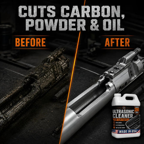 Pro Grade Ultrasonic Gun Cleaner Solution That Hits Different On Stubborn Carbon And Gun Oil With Zero Hard Scrubbing One Concentrated Gallon Mixes Straight Into Two Hundred Ready To Shoot Parts Usa Made - Before and after cleaning results of gun parts.
