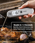 Using Sizzle Pro Grade Digital Meat Thermometer Instant Read In 2 Seconds Waterproof Folding Probe with steak on grill