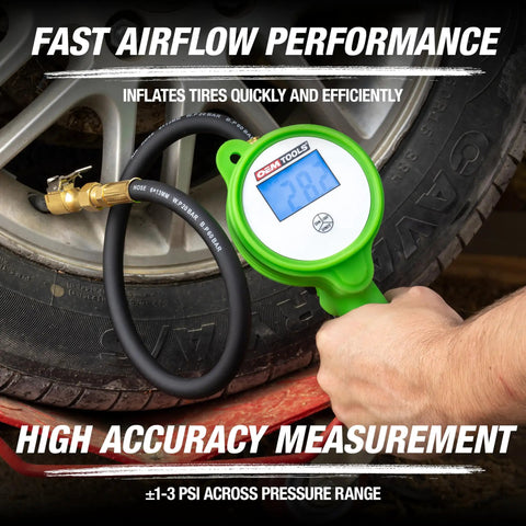 Hand using Pro Grade Digital Tire Inflator With Gauge And LCD Display, 0 To 175 PSI, 21 Inch Hose, Clip On Chuck on car tire