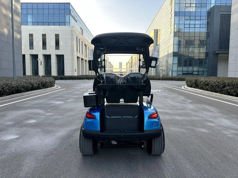 Kick Back In Style On This 2 Seat Electric Golf Cart Designed For Sightseeing And Leisure With Smooth MacPherson Strut Suspension 4KW Motor Advanced Disc Brakes And Huge Touchscreen Entertainment Setup, back view on a paved path.