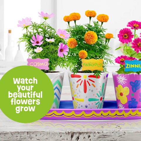 Paint And Plant Stoneware Flower Garden Kit For Kids 6 To 12, colorful painted pots with blooming marigolds, cosmos, and zinnias