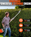 Beast Mode Gas Powered 6 In 1 Weed Eater Yard Tool With 52cc 2 Stroke Engine in use on tall hedge, bright orange.