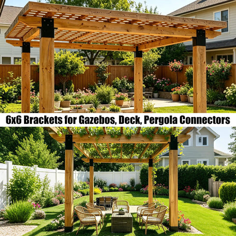 Beefed Up 6x6 Pergola Brackets Set With Inner 5.51 Inch Square, Carbon Steel 3/16 Inch Thick, Corner Support And Three Way Fixing For DIY Post And Beam Connections In Outdoor Gazebos Log Cabins Sunrooms Carports And Deck Railing