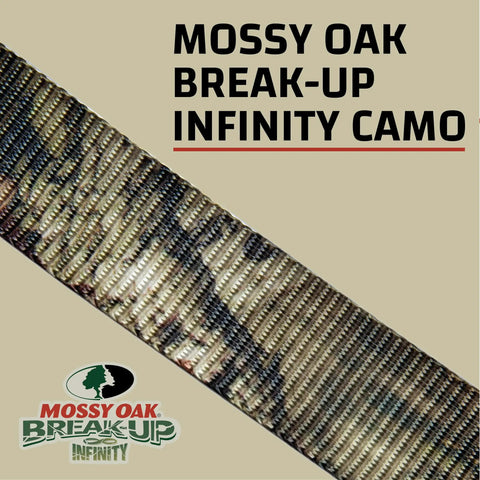 Mossy Oak Camo Ratchet Tie Down Straps One Inch Wide By Ten Feet Long Four Pack shown in Break-Up Infinity Camo design.