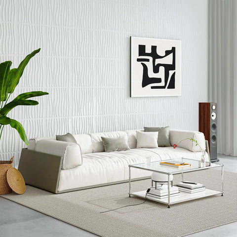 12 Pack 3D Wave Design PVC Wall Panels 19.7 By 19.7 Inch Coverage 32 Sq Ft For Interior Wall Decor In Living Room Office TV Backdrop White Modern Accent Paneling showcased in a modern living room with white sofa and abstract art.
