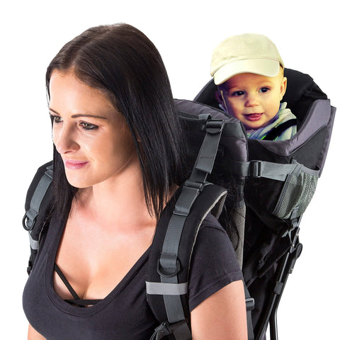 Woman carrying a baby in Outdoorsy Hiking Baby Carrier Backpack For Safe Comfortable Toddler And Baby Transport with sun hood.