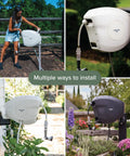 Beige 100 Foot Automatic Retractable Garden Hose Reel with One Half Inch UV Stabilized Kink Free Hose Wall Mounted Setup in various installations.