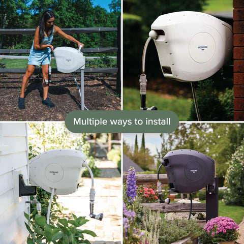 Beige 100 Foot Automatic Retractable Garden Hose Reel with One Half Inch UV Stabilized Kink Free Hose Wall Mounted Setup in various installations.