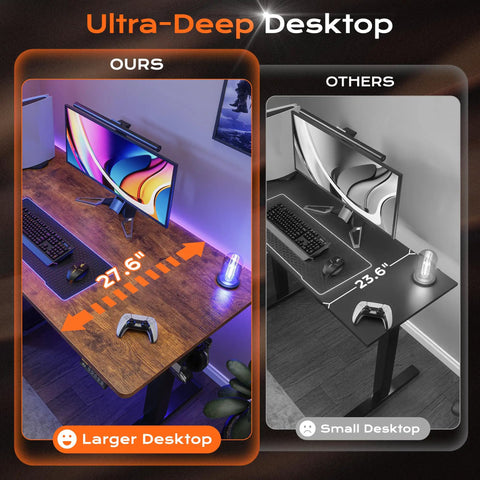 Wide 55 By 27.6 Inch Electric Standing Desk With Deep Desktop Height Adjustable Sit Stand Computer Desk For Home Office And Gaming Two Side Hooks Three Preset Heights Rustic Brown featuring comparison with smaller desk