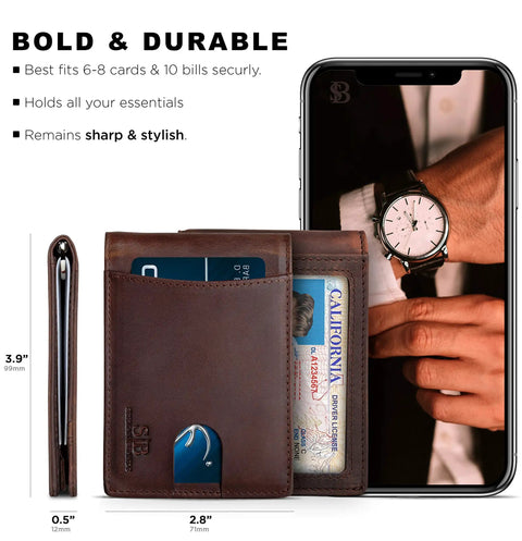 Slim RFID Blocking Bifold Wallet For Men With Money Clip, Genuine Leather, Minimalist Front Pocket Design, shown with cards