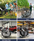 Heavy Duty Thirty Inch Drum Fan Packs A Boss 550W Motor Pumping Insane 14000 CFM Airflow On Three Speed Settings in outdoor party setting.
