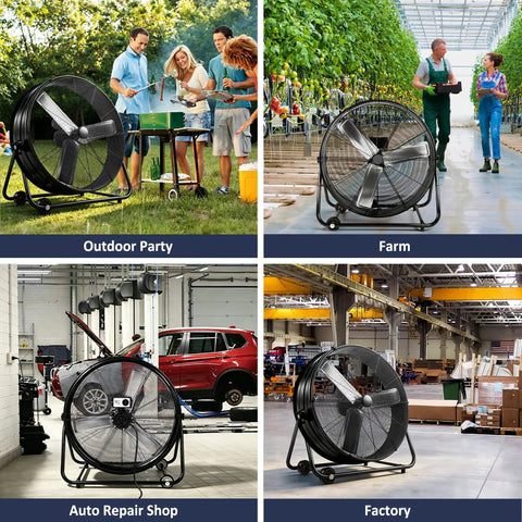 Heavy Duty Thirty Inch Drum Fan Packs A Boss 550W Motor Pumping Insane 14000 CFM Airflow On Three Speed Settings in outdoor party setting.