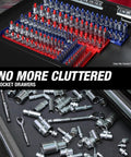 Six Piece SAE And Metric Socket Tray Set for organizing sockets in red and blue, showcasing no more cluttered socket drawers.