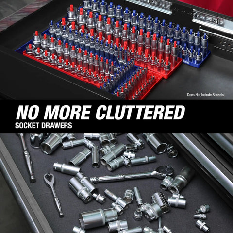 Six Piece SAE And Metric Socket Tray Set for organizing sockets in red and blue, showcasing no more cluttered socket drawers.