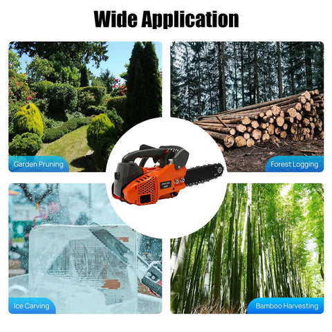 12 Inch Top Handle Gas Chainsaw With Quick Start 25.4cc 2 Stroke Petrol Power for versatile applications like garden pruning and forest logging.