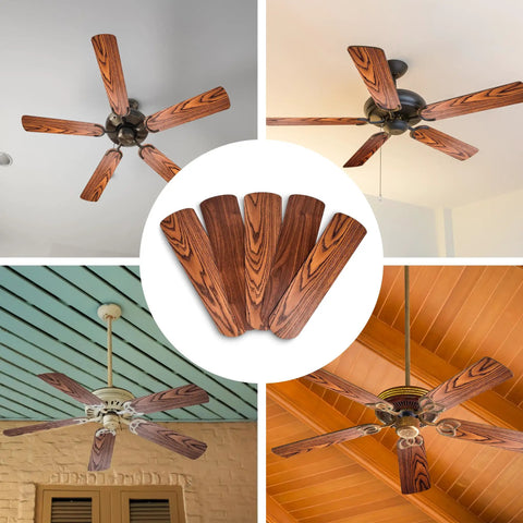 Oak And Walnut Finish 52 Inch Ceiling Fan Blade Replacement Set displayed with fans and additional blades