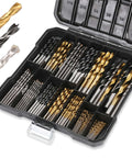 Drilling bit set with hard storage case; 140-piece kit with 88 titanium twist bits, 26 masonry bits, 26 Brad-point bits