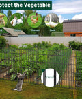 15 Panels No Dig Garden Fence With Gate Made Of Rustproof Metal Edging For Yard And Outdoor Animal Barrier Ideal For Dogs shows installed fence protecting a vegetable garden from animals