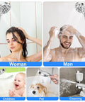 10 Mode Handheld Shower Head Set with Bangin High Pressure Flow 59 Inch Stainless Steel Hose Adjustable Brass Bracket All Chrome Finish Easy Install Durable Build Spa Like Shower Experience Model US 14591 shown in use by woman, man, child, pet, and for cleaning.