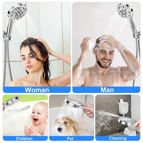 10 Mode Handheld Shower Head Set with Bangin High Pressure Flow 59 Inch Stainless Steel Hose Adjustable Brass Bracket All Chrome Finish Easy Install Durable Build Spa Like Shower Experience Model US 14591 shown in use by woman, man, child, pet, and for cleaning.