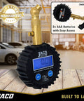 JACO Elite digital tire pressure gauge with brass angled nozzle and blue LCD display; includes 2x AAA batteries