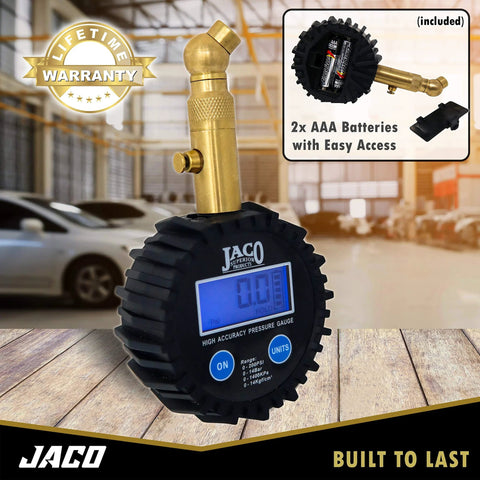 JACO Elite digital tire pressure gauge with brass angled nozzle and blue LCD display; includes 2x AAA batteries