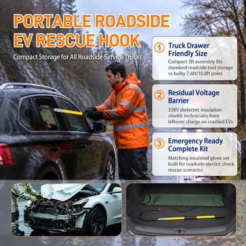 Portable Roadside EV Rescue Hook Rated at 35 KV, 3ft insulated tool for safe access to EVs in emergencies.