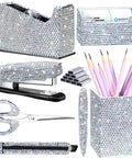 Blinged Out Desk Accessories Set Seven Piece Office Glam Kit With Diamond Tape Dispenser Rhinestone Stapler Card Holder Pencil Pot