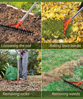 Heavy Duty Garden Rake with 17 tempered spring steel tines and 62 inch stainless steel adjustable handle used for various tasks