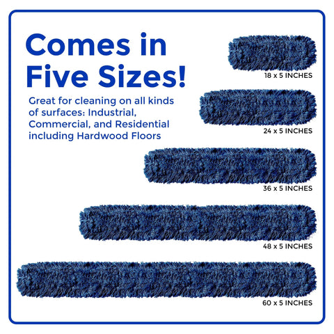 Straight Up Premium Heavy Duty Nylon Dust Mop Replacement Head 2 Pack Fits Standard 36 Inch Frames showing five sizes.