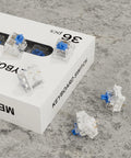 36 Pack Blue 3 Pin Dustproof Mechanical Keyboard Switches For Clicky Gaming And 3D Printing Builds displayed with packaging