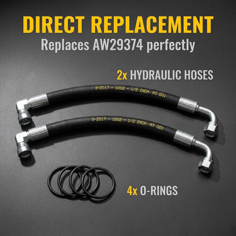 2 Pack Upgrade AW29374 Hydraulic Hose Fits Front Loaders For D120 D160 D170 H120 H130 H160 H165 120E 120R 200X 200CX 210 300 300X 300CX 300E 300R 400E 400X 400CX 410 419 420 430 512 Beefed Up High Pressure 5800 PSI Bend Radius 2.55 Inch, two hydraulic hoses and 4 o-rings