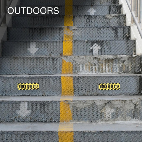 Watch Your Step Adhesive Vinyl Stickers Pack Two Count 10x3 Inch Bright Yellow And Black Hazard Signage For Doors Stairs Thresholds And High Visibility Areas In Homes Offices Warehouses And Public Spaces on outdoor concrete stairs