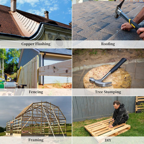 Collage of different building projects including copper flashing, roofing, fencing, tree stumping, framing, and DIY activities.