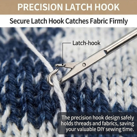 Close-up of latch-hook in use from Five Piece Loop Turner Sewing Tool Set with 10.43 Inch Stainless Steel Hooks.