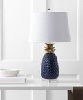 Navy Blue And Gold Pineapple Ceramic Table Lamp For Bedroom Decor With White Linen Drum Shade And LED Bulb Modern Whimsical Bedside Light