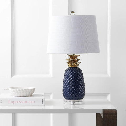 Navy Blue And Gold Pineapple Ceramic Table Lamp For Bedroom Decor With White Linen Drum Shade And LED Bulb Modern Whimsical Bedside Light