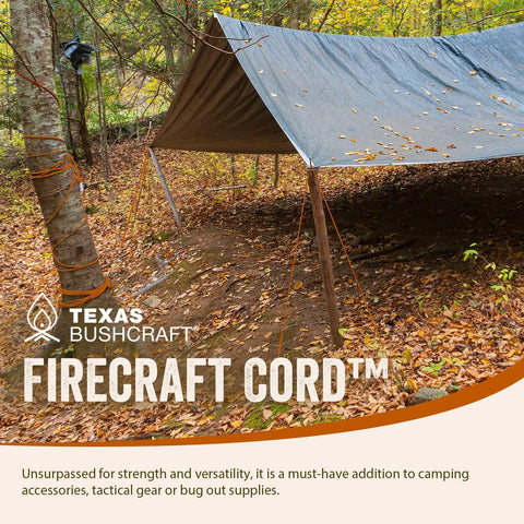 Firecraft Paracord Utility Rope With Three Extra Strands For Survival Gear tied around tree supporting tarp