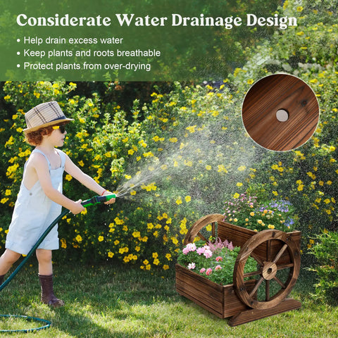 Child watering Wooden Wagon Planter Box With Wheels For Indoor And Outdoor Patio Garden Decor Ideal For Flowers Herbs Vegetables And Succulents