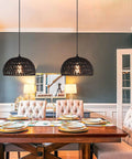 Black Woven Pendant Light Boho Chandelier With Wicker And Rattan Dome Pendant for dining room, adjustable cord, bulb included.