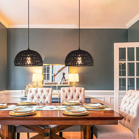 Black Woven Pendant Light Boho Chandelier With Wicker And Rattan Dome Pendant for dining room, adjustable cord, bulb included.