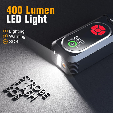 Beefed Up Jump Starter With Air Compressor And Tire Inflator 150 PSI Portable 12V Jump Box showing 400 Lumen LED light feature