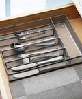 Durable Mesh Wire Cutlery Drawer Organizer With Non Slip Foam Feet Five Compartment Silverware Tray in kitchen drawer
