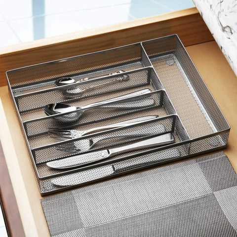 Durable Mesh Wire Cutlery Drawer Organizer With Non Slip Foam Feet Five Compartment Silverware Tray in kitchen drawer