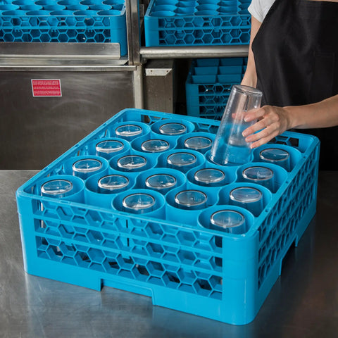 OptiClean NeWave 20-Compartment Glass Rack With 2 Extenders, Polypropylene, Blue, showing secure placement of glasses