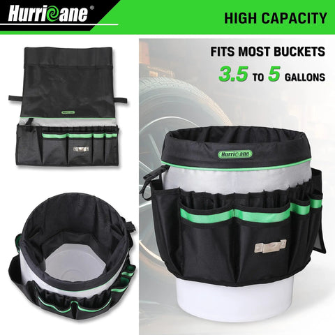 5 Gallon Bucket Tool Bag Organizer With 52 Pockets Waterproof Garden Caddy Fits Most Buckets Heavy Duty 1680D Polyester Fold In Design For Bulk Storage Durable Utility Organizer For DIY Projects showcasing multiple angles